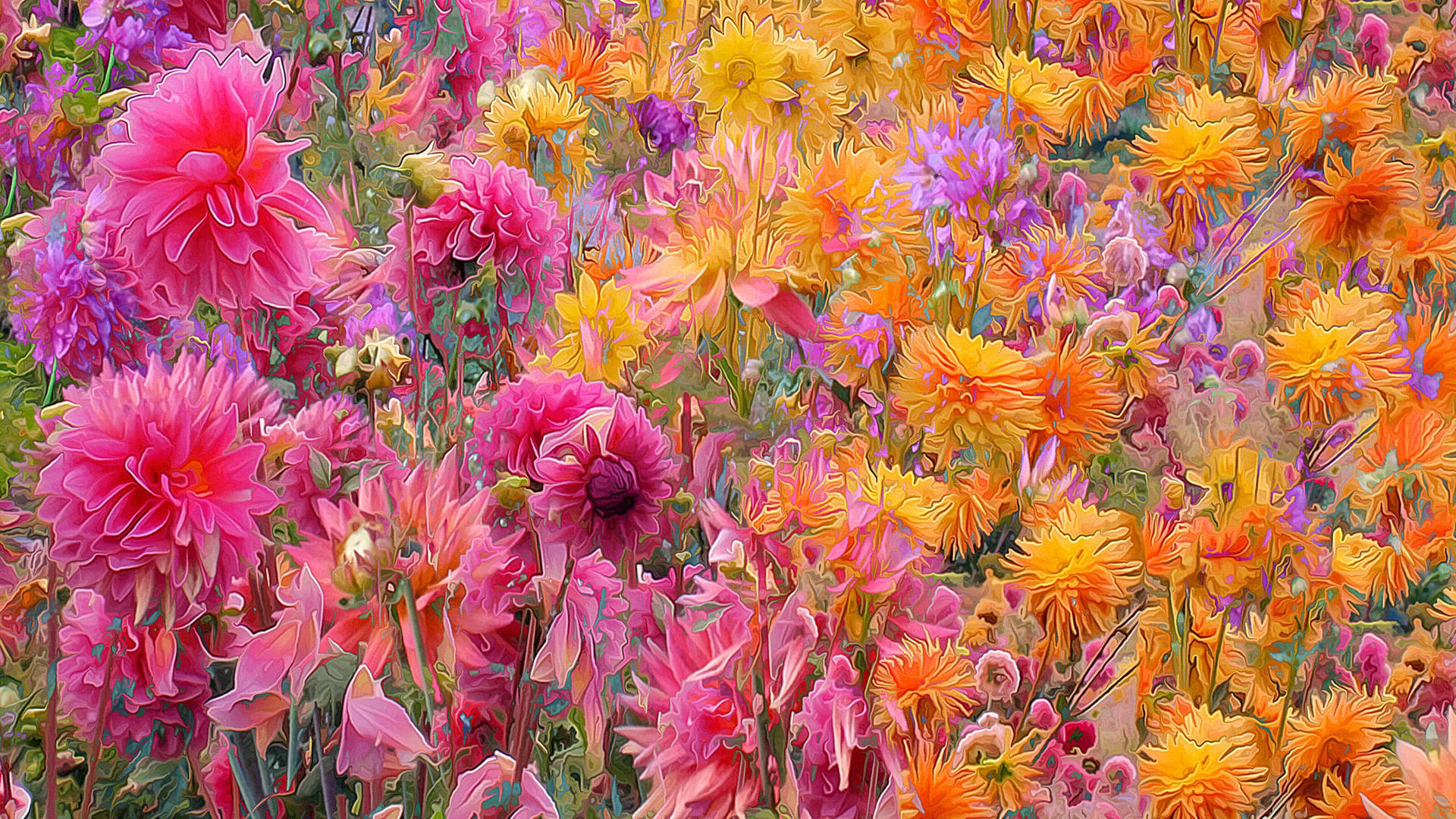 Fresh Dahlia Flower Field Painting Wallpaper