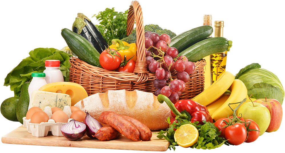 Fresh Grocery Selection Basket Fruits Vegetables Bread PNG