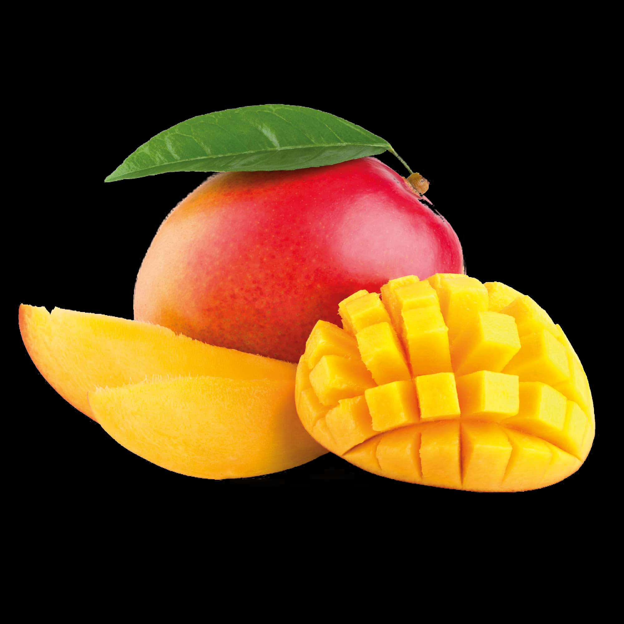 Fresh Mango With Sliceand Cube Cut Black Background PNG