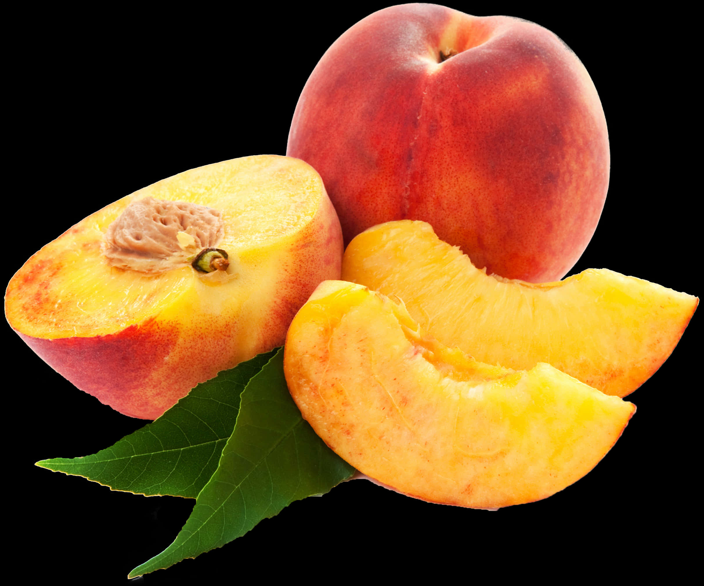 Fresh Peachand Slices Black Background PNG