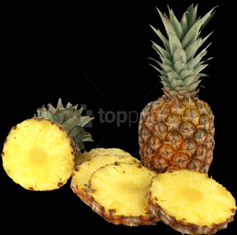 Fresh Pineappleand Slices Black Background PNG