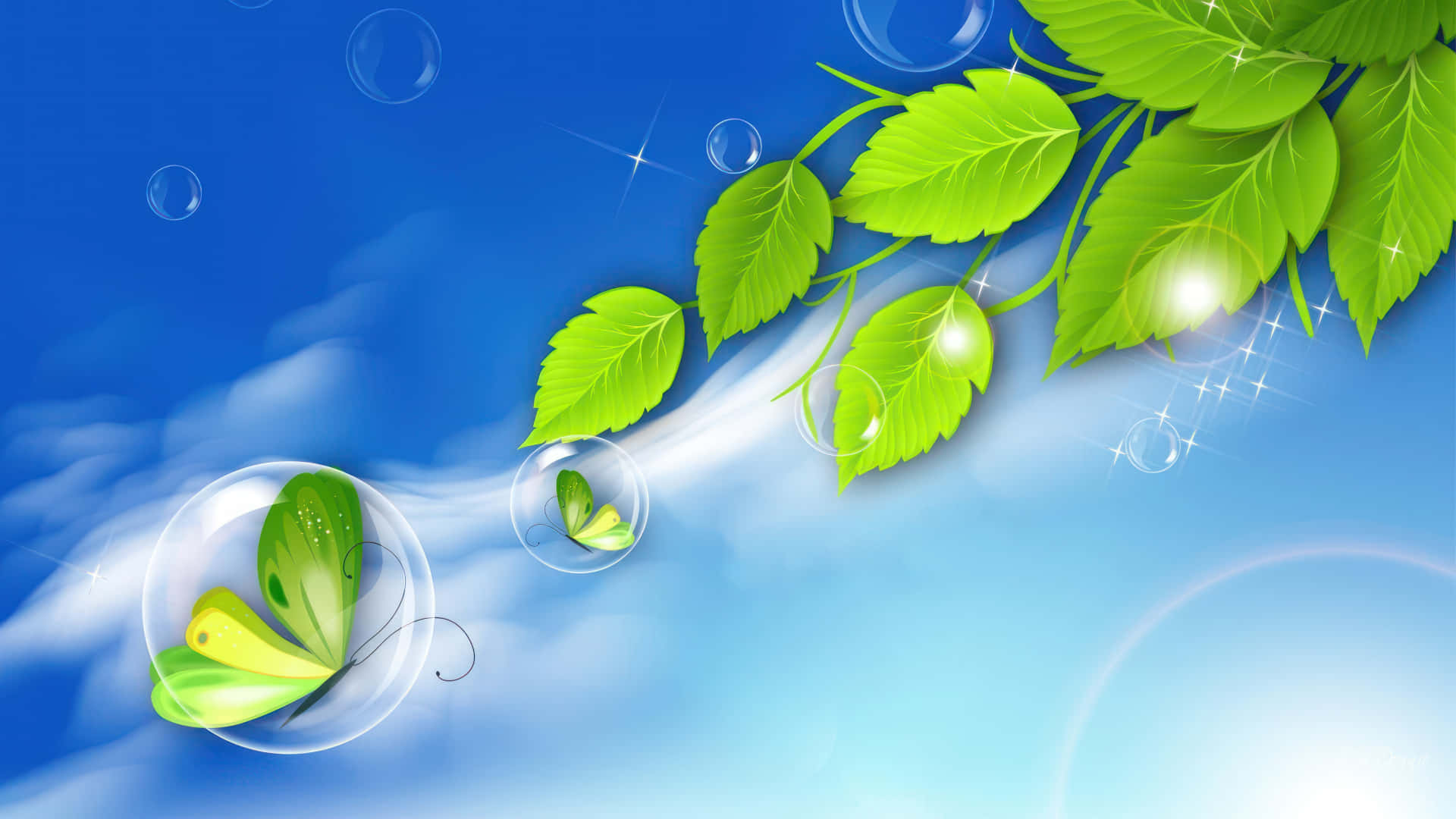 Fresh Spring Leaves Bubbles Background Wallpaper