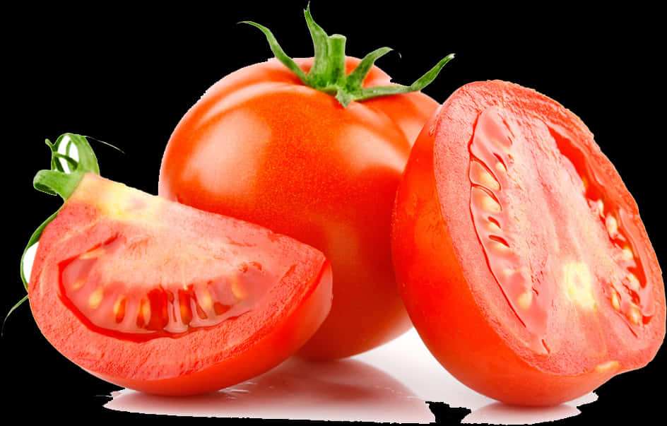Fresh Tomatoand Sliceson Black Background PNG