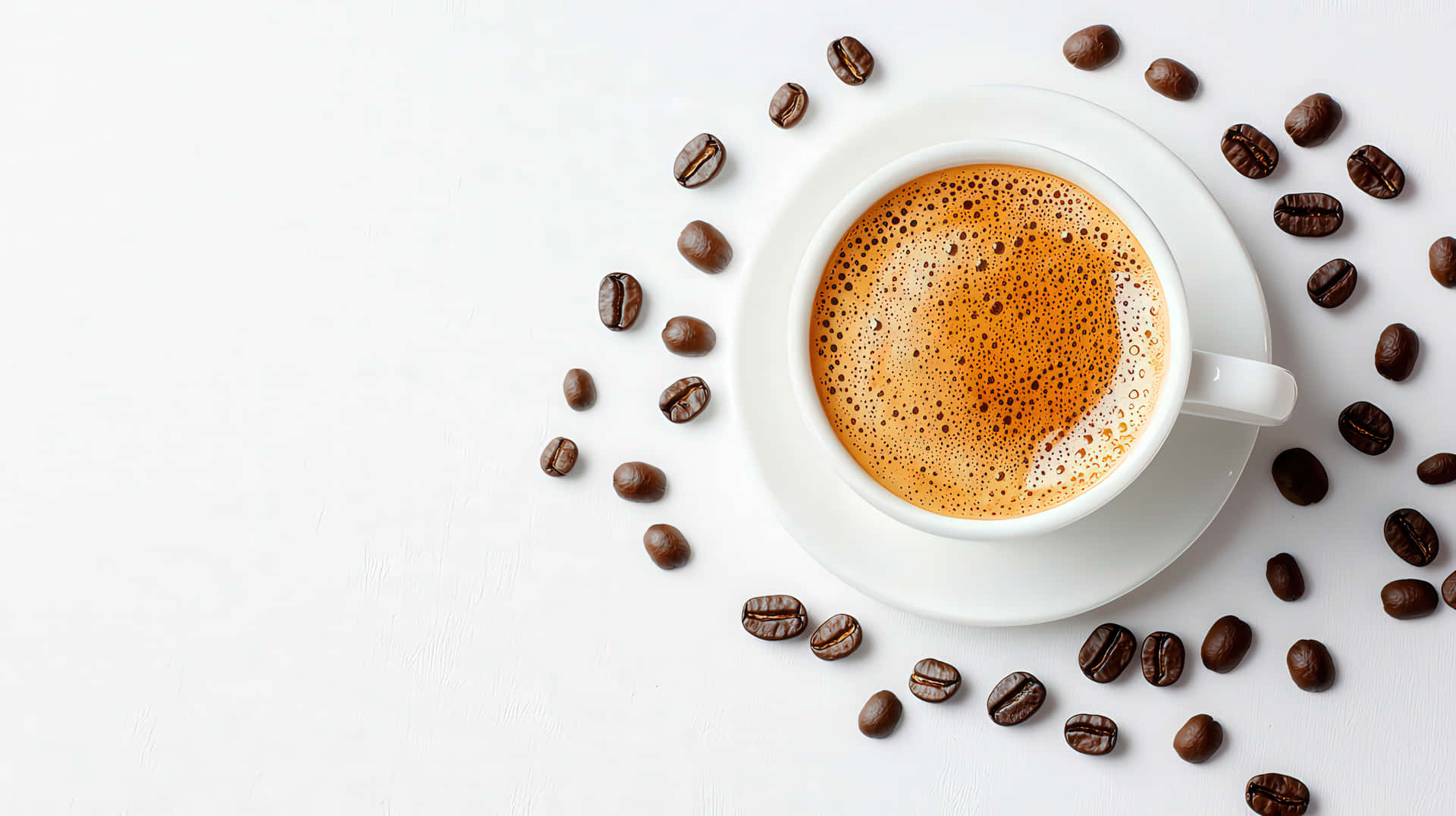 Freshly Brewed Coffee In A White Cup Surrounded By Roasted Coffee Beans On White Background Wallpaper