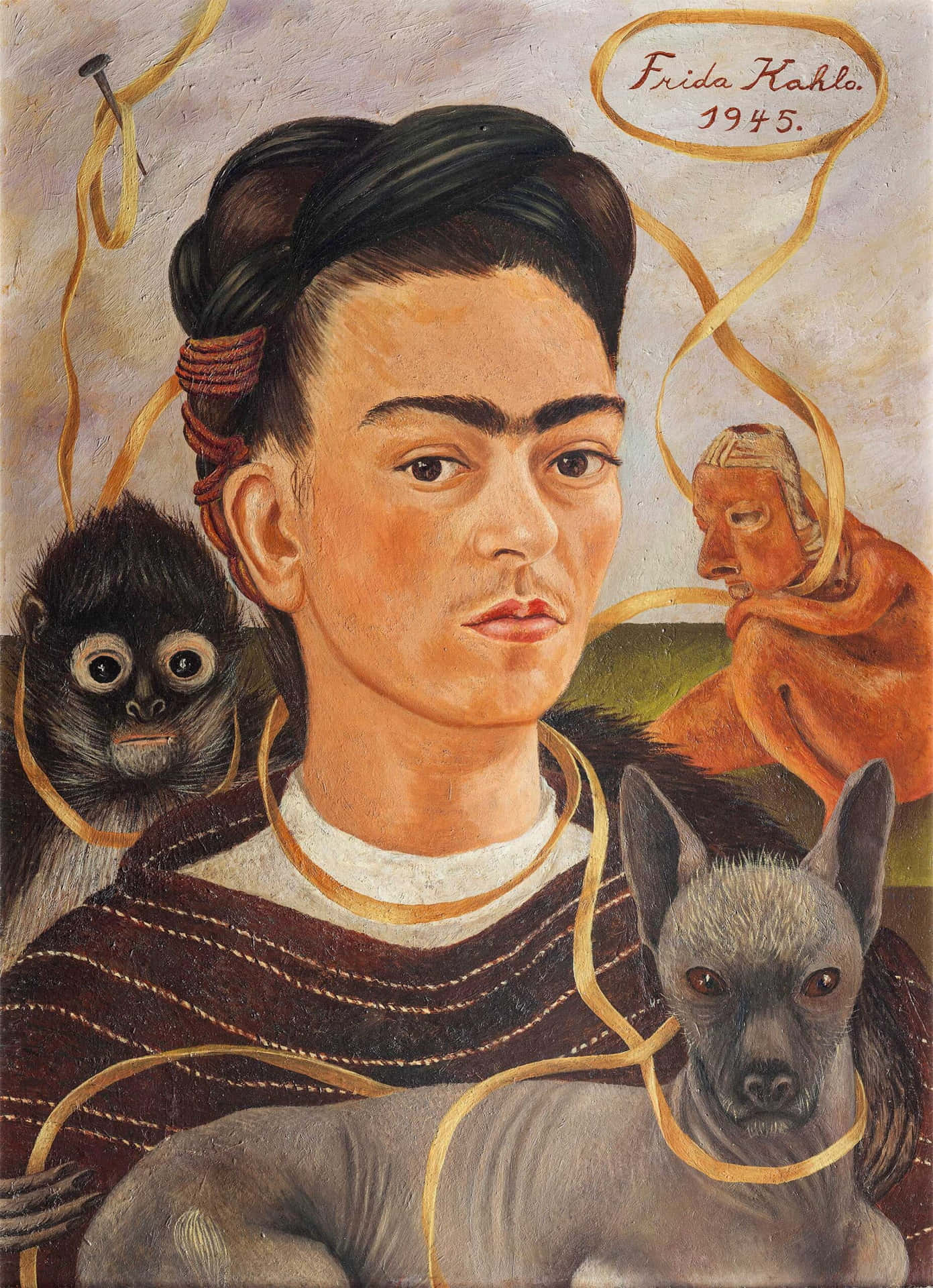 A Painting Of Frida Kahlo With A Dog And A Cat Wallpaper