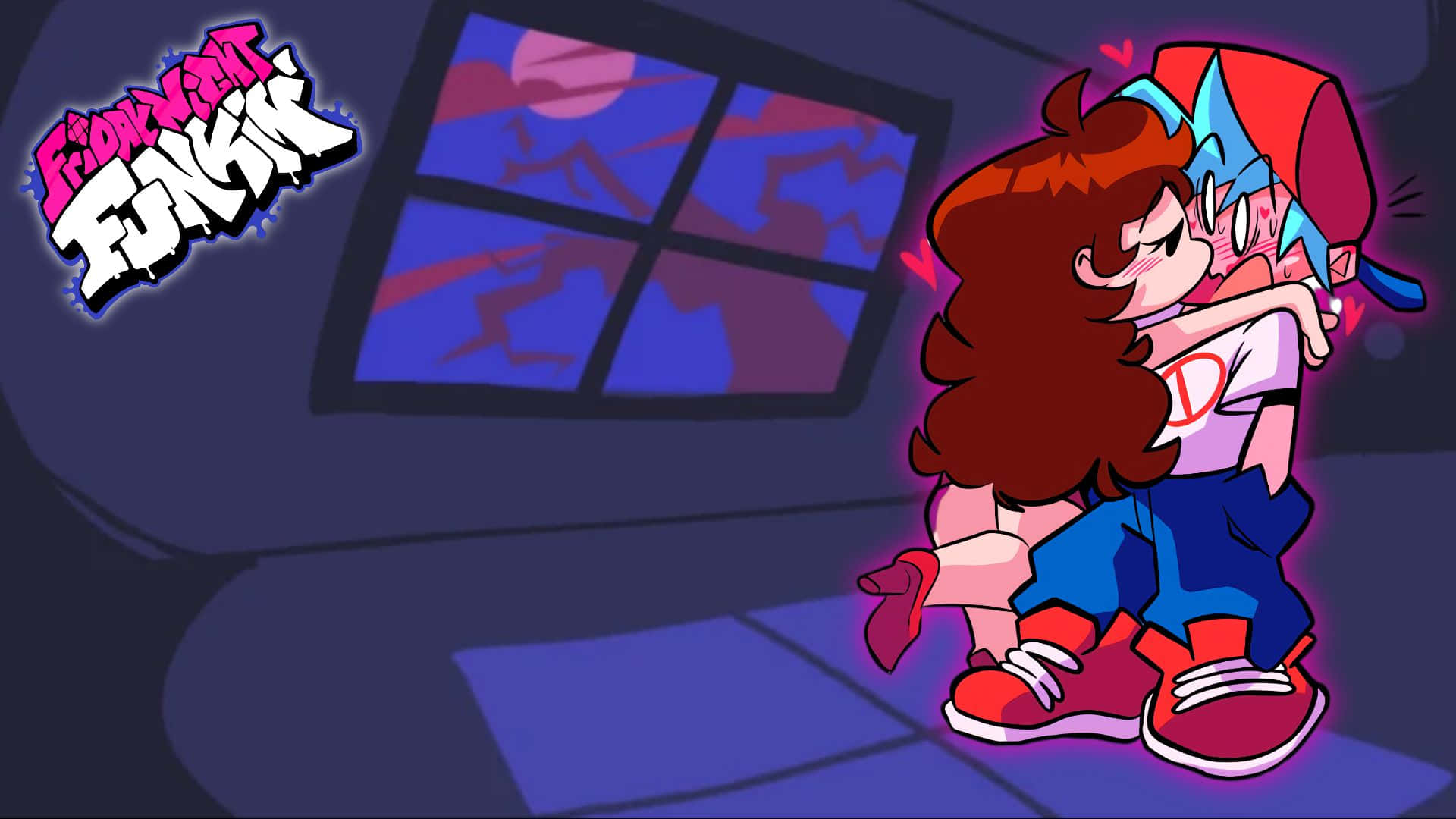 A Cartoon Girl Is Hugging A Boy In Front Of A Window