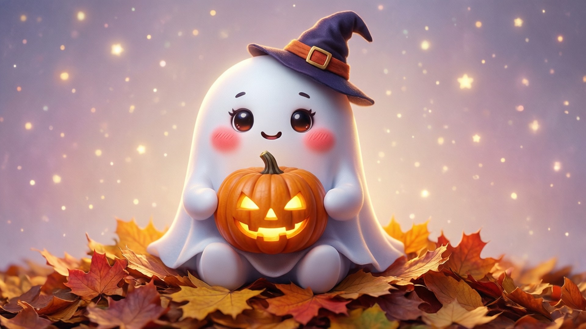 Et søtt spøkelse som nyter Halloween i høstløv, perfekt for oktober skrivebord.