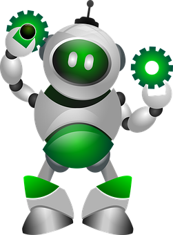 Friendly Green Robot Holding Gears.jpg PNG