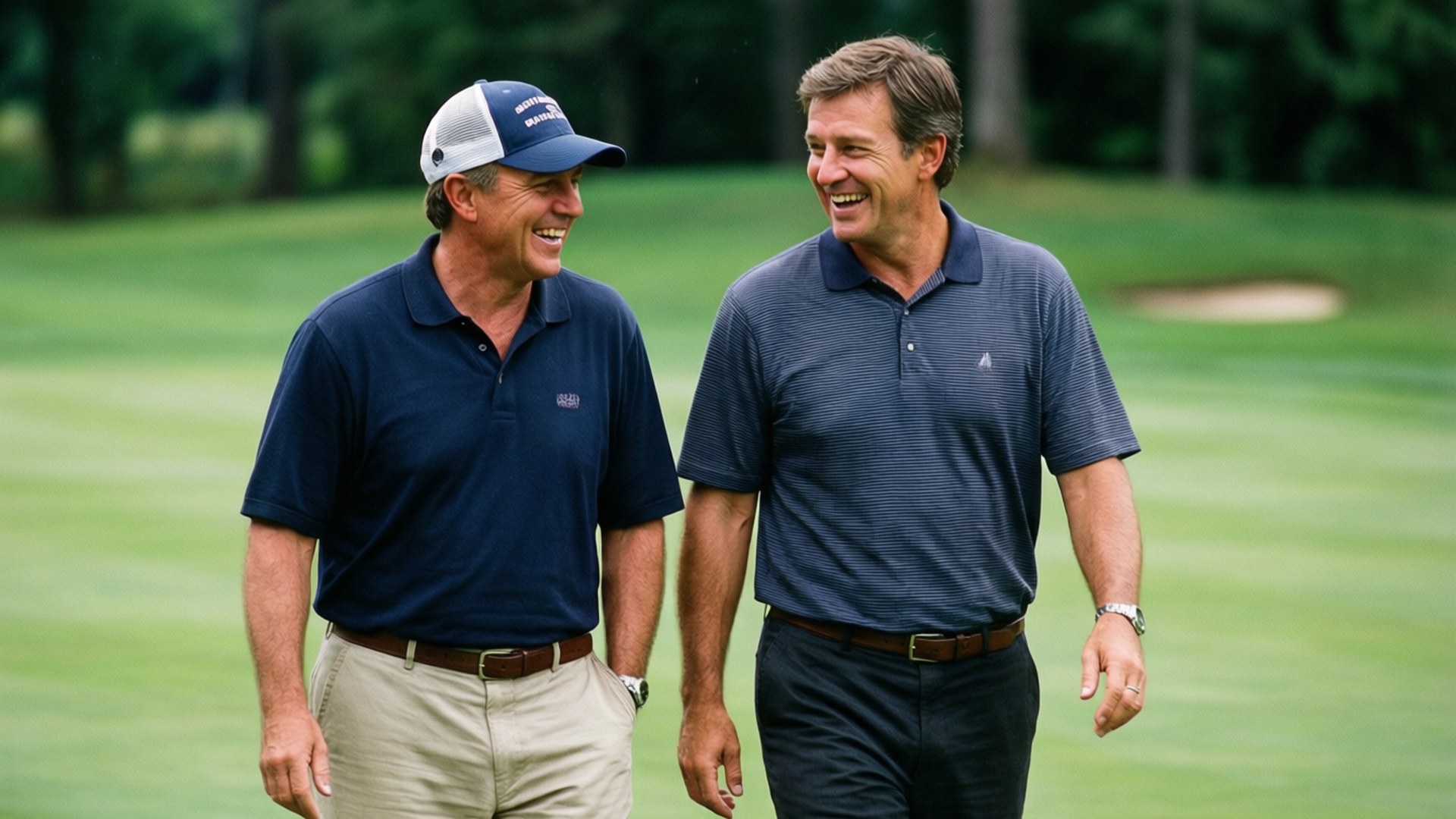 Paul Azinger og Phil Mickelson deler en latter på banen.