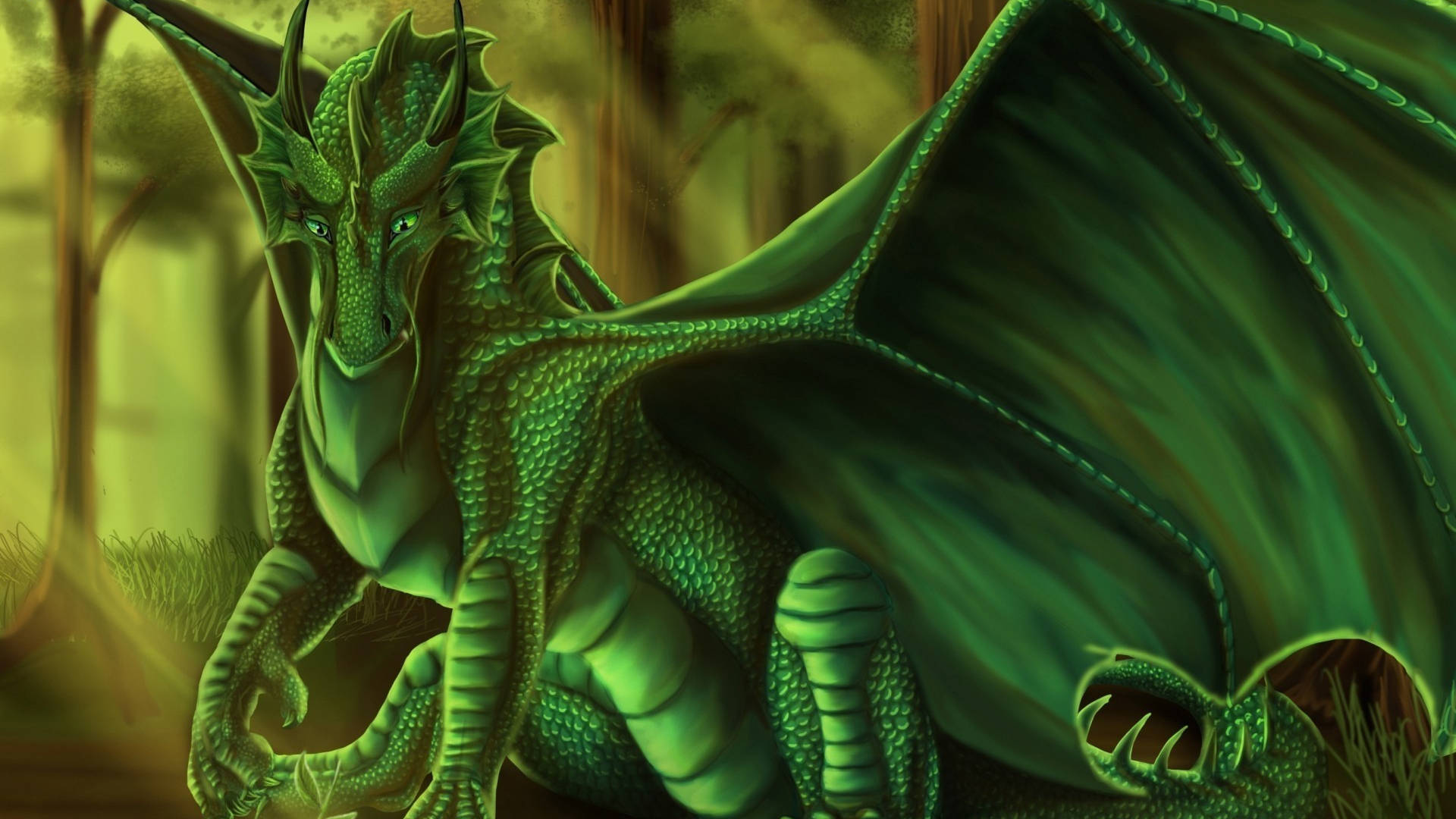 Friendly Winged Green Dragon Wallpaper