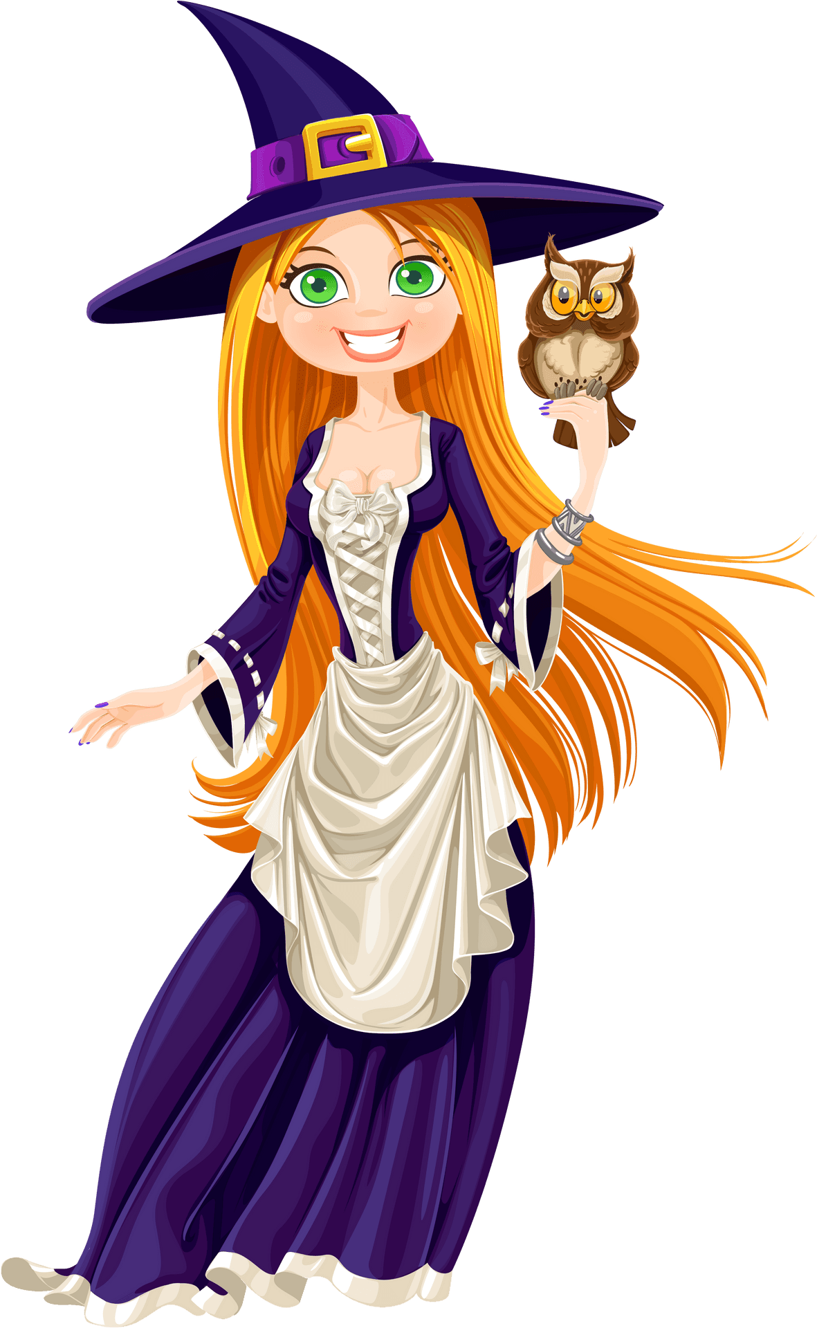 Friendly Witchwith Owl Illustration PNG