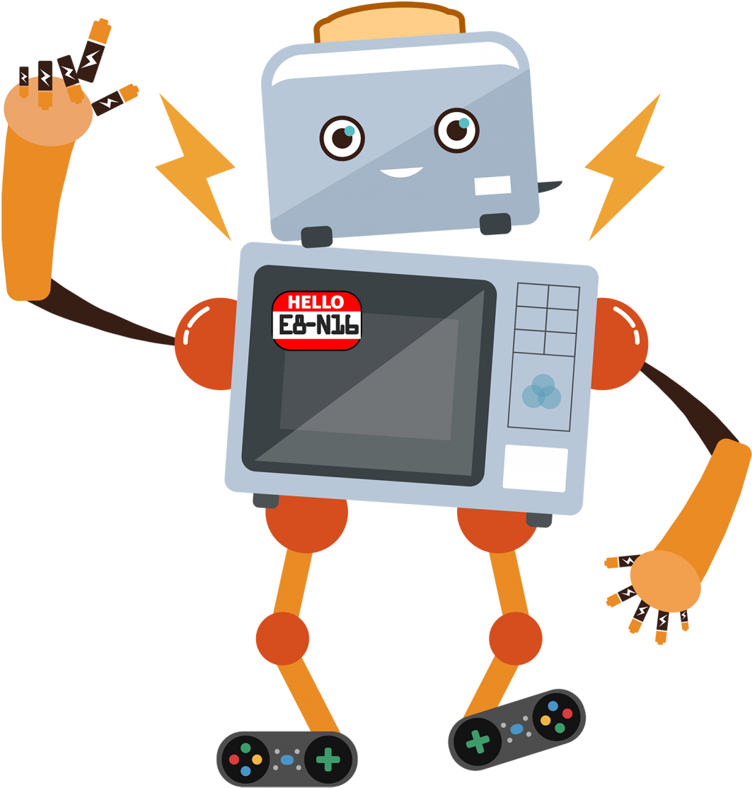 Friendly_ Robot_with_ Gaming_ Controllers_and_ Energy_ Drink PNG