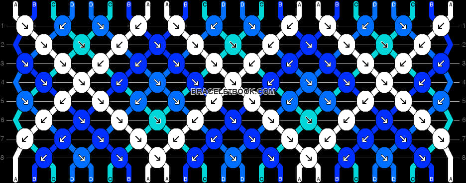 Friendship Bracelet Pattern Tutorial PNG — A geometric pattern of blue white and teal circles with arrows on a black background.