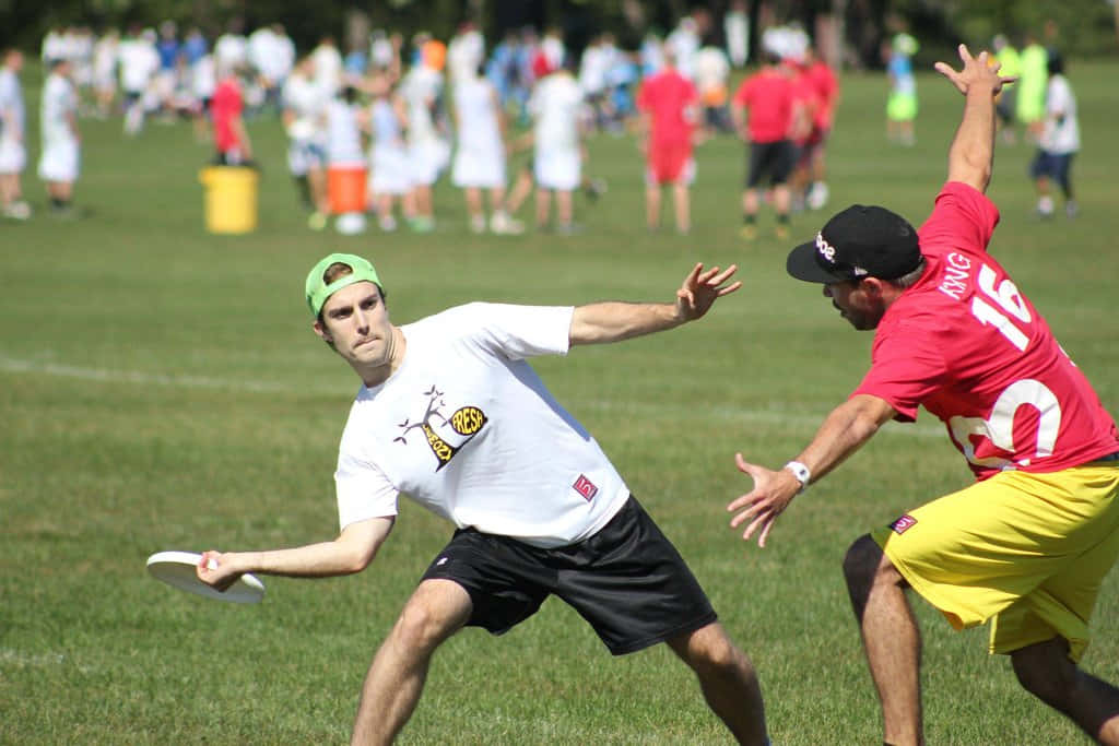 Zweimänner Spielen Frisbee.