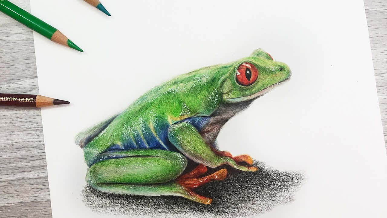 A whimsical green frog with big eyes, happily drawn in colored pencils.