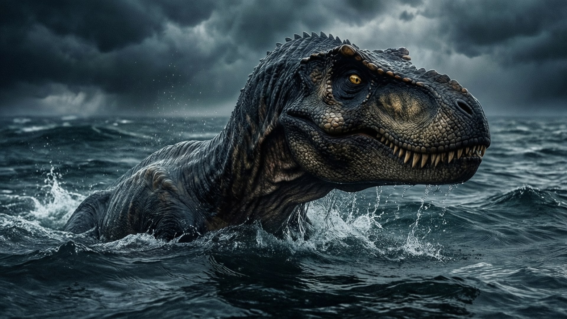 A black dinosaur swims in a stormy ocean, head above water, dramatic.