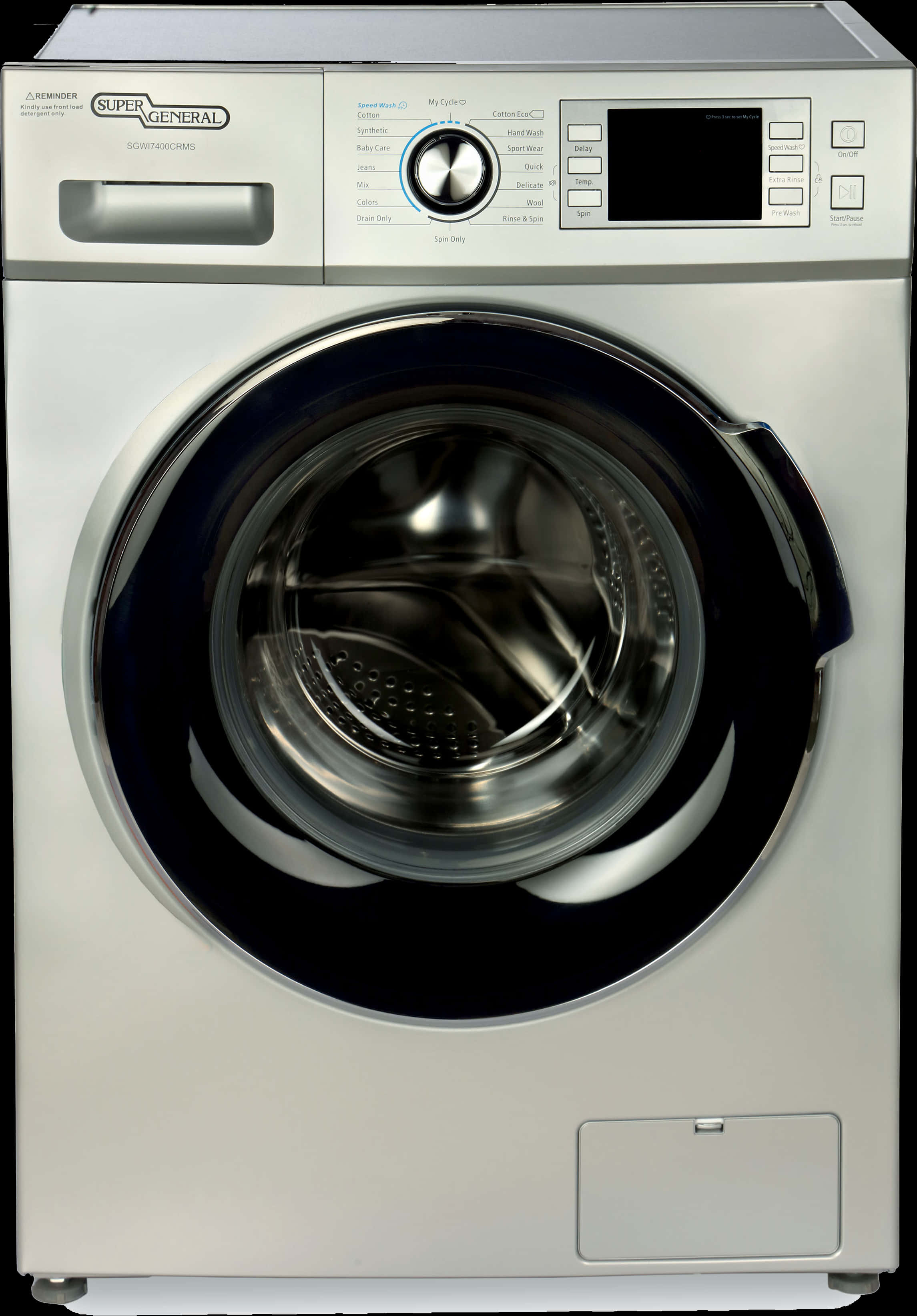 Front Loading Washing Machine PNG — A sleek silver front load washing machine with a large circular door and digital control panel.