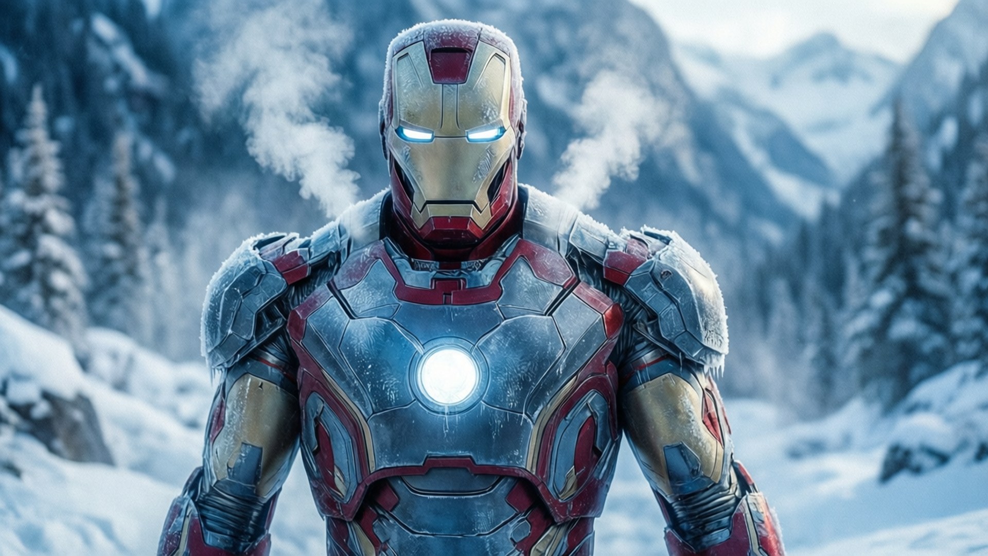 Ironman i et snødekt fjellmiljø med frost på drakten.