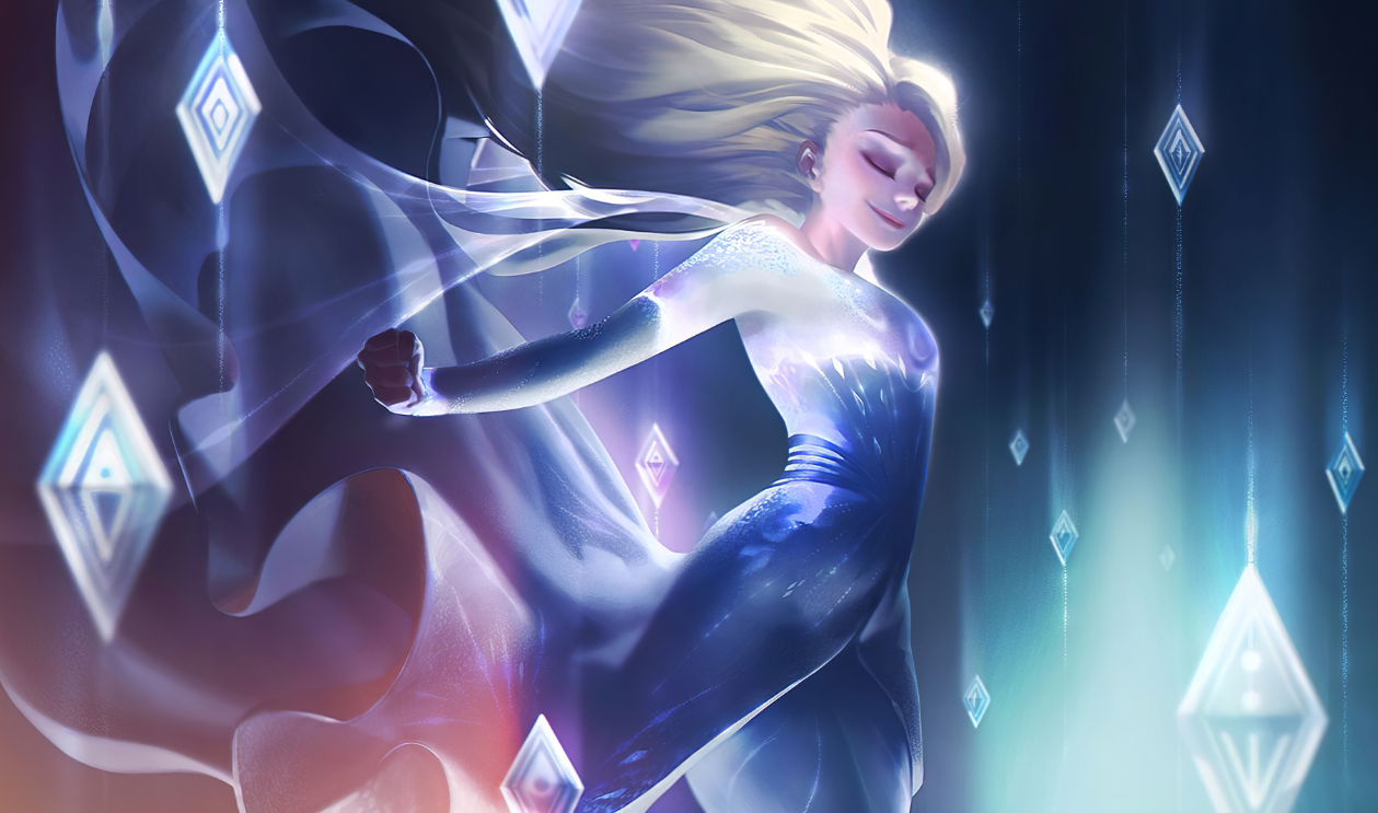 Anna and Elsa on their epic journey in the enchanted forest Background — A radiant blonde woman in a shimmering blue gown flows through glowing diamond-shaped light particles against a dark backdrop.
