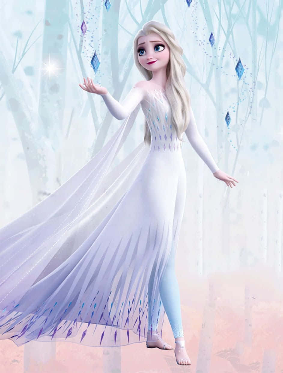 Disguised as a snow queen, Elsa captivates in her icy white dress. Wallpaper