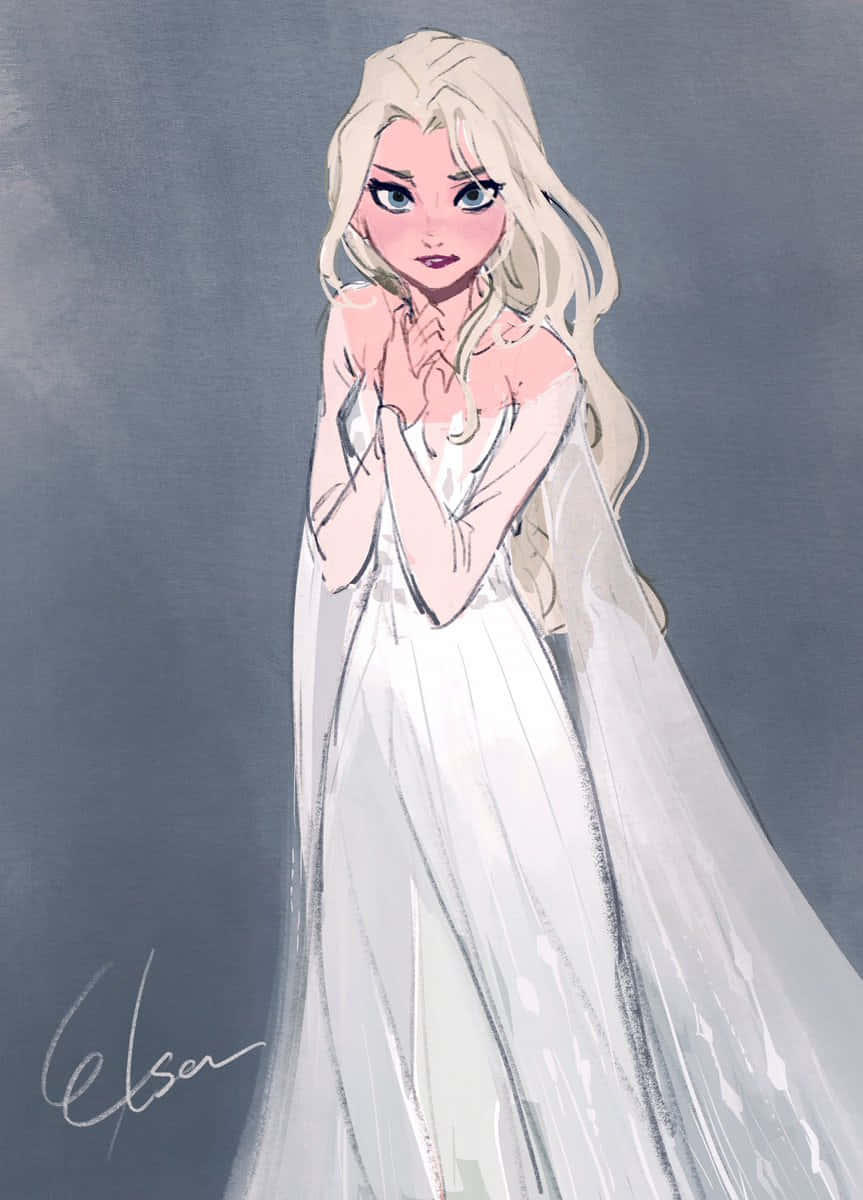 Bemvinda A Rainha Elsa Vestindo O Icônico E Marcante Vestido Branco De Frozen 2 Em Seu Papel De Parede De Computador Ou Celular. Papel de Parede