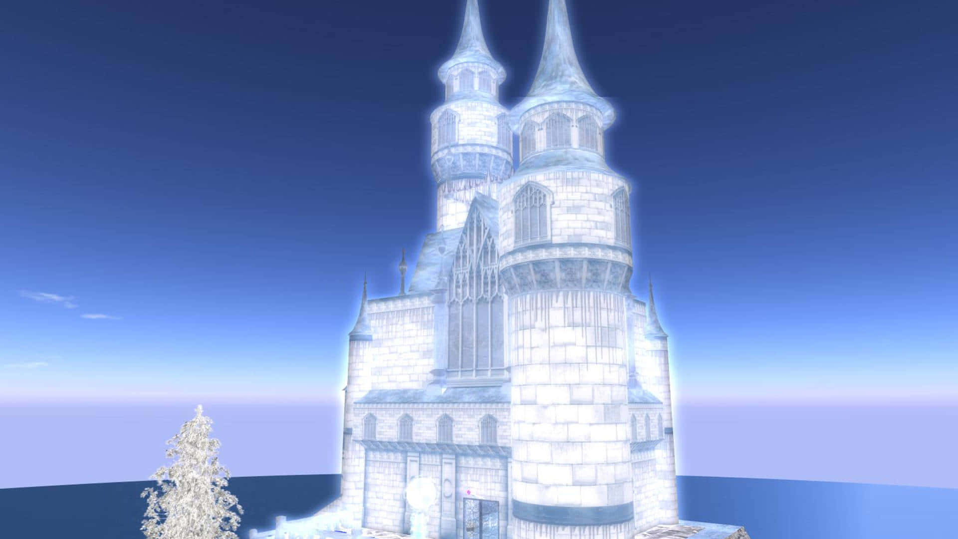"Frozen Castle Amidst Snowy Night"