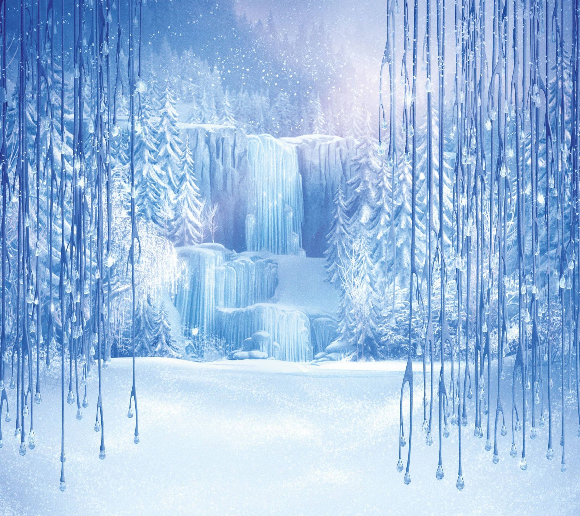 Mesmerizing View Of A Frozen Castle With An Ice Waterfall Wallpaper
