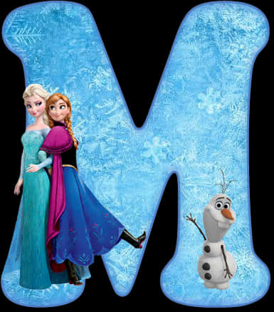 Frozen Characters Letter M PNG — Frozen characters Elsa Anna and Olaf pose cheerfully inside a large icy blue letter M with snowflake patterns.