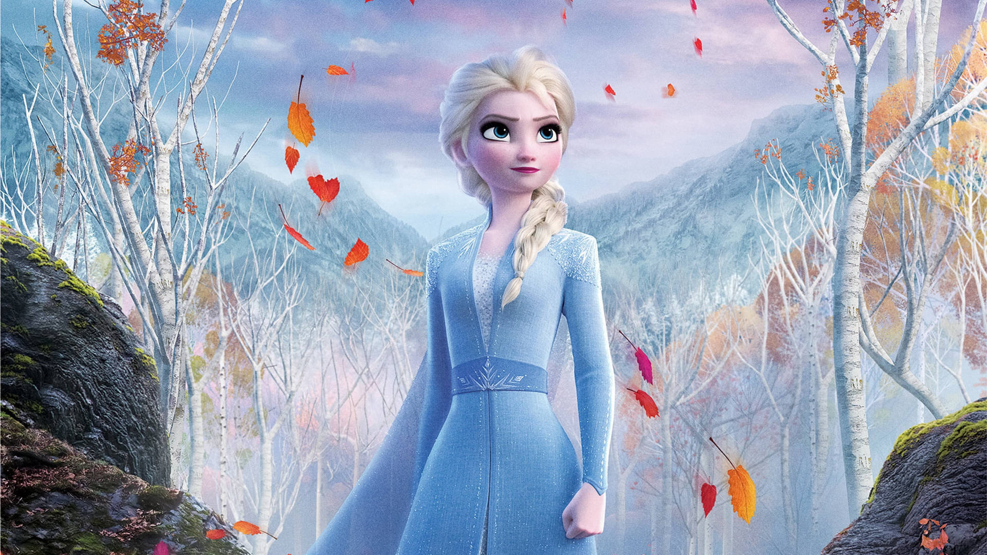 Retratode Elsa Congelada En El Bosque De Hojas. Fondo de pantalla