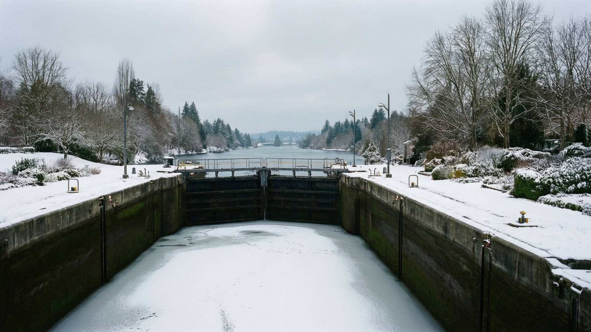 Snørik vinterdag ved Ballard Locks med is og nakne trær.