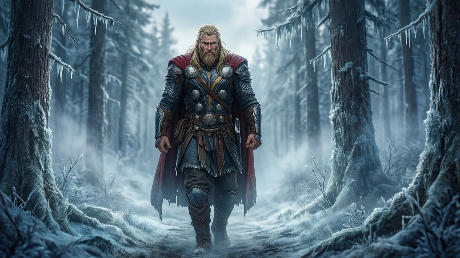 Thorfinn går ensam genom en dimmig frusen skog, filmisk skala.