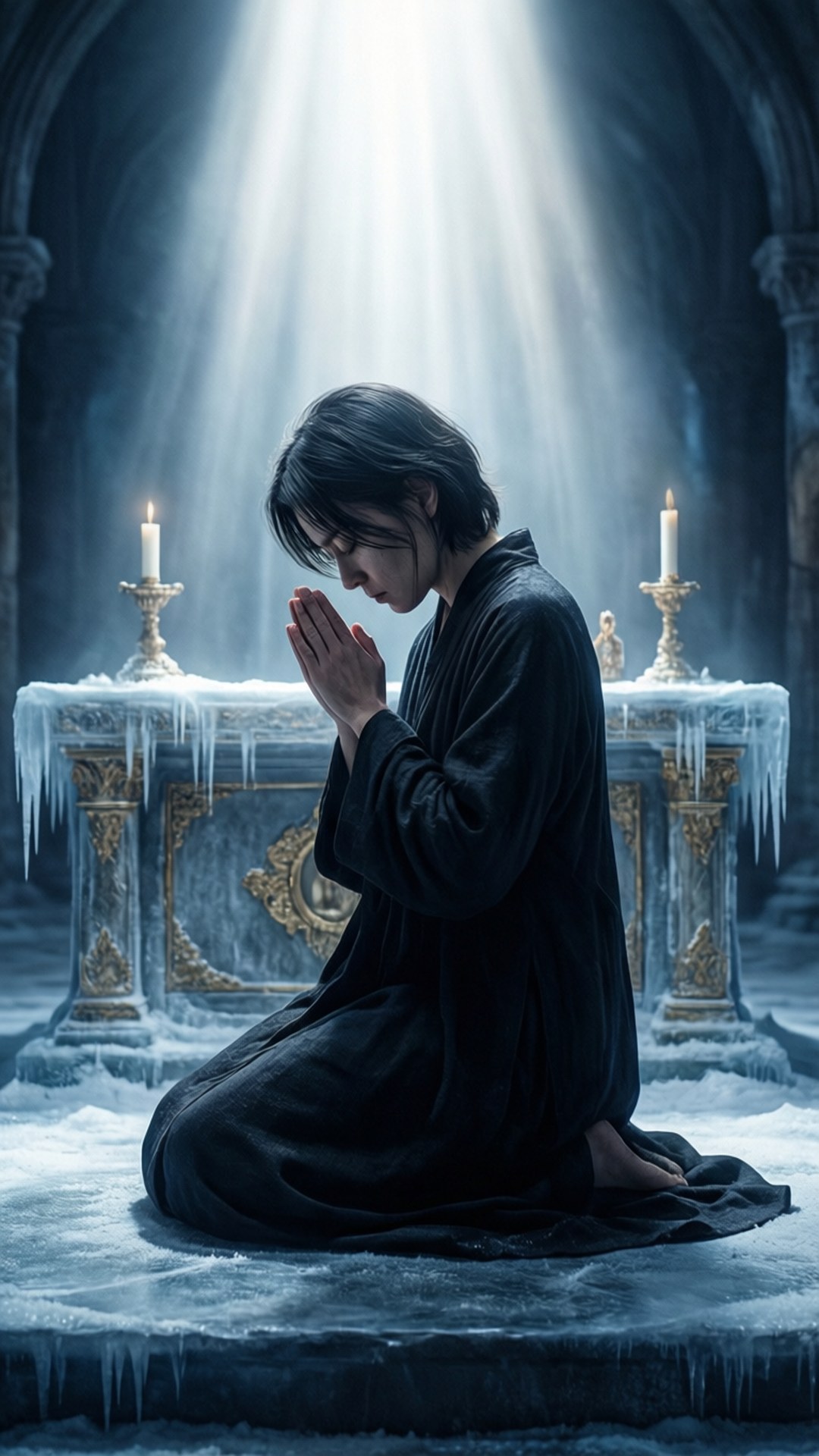 Doma kneeling on a frozen altar in prayer, holy light, eerie devotion