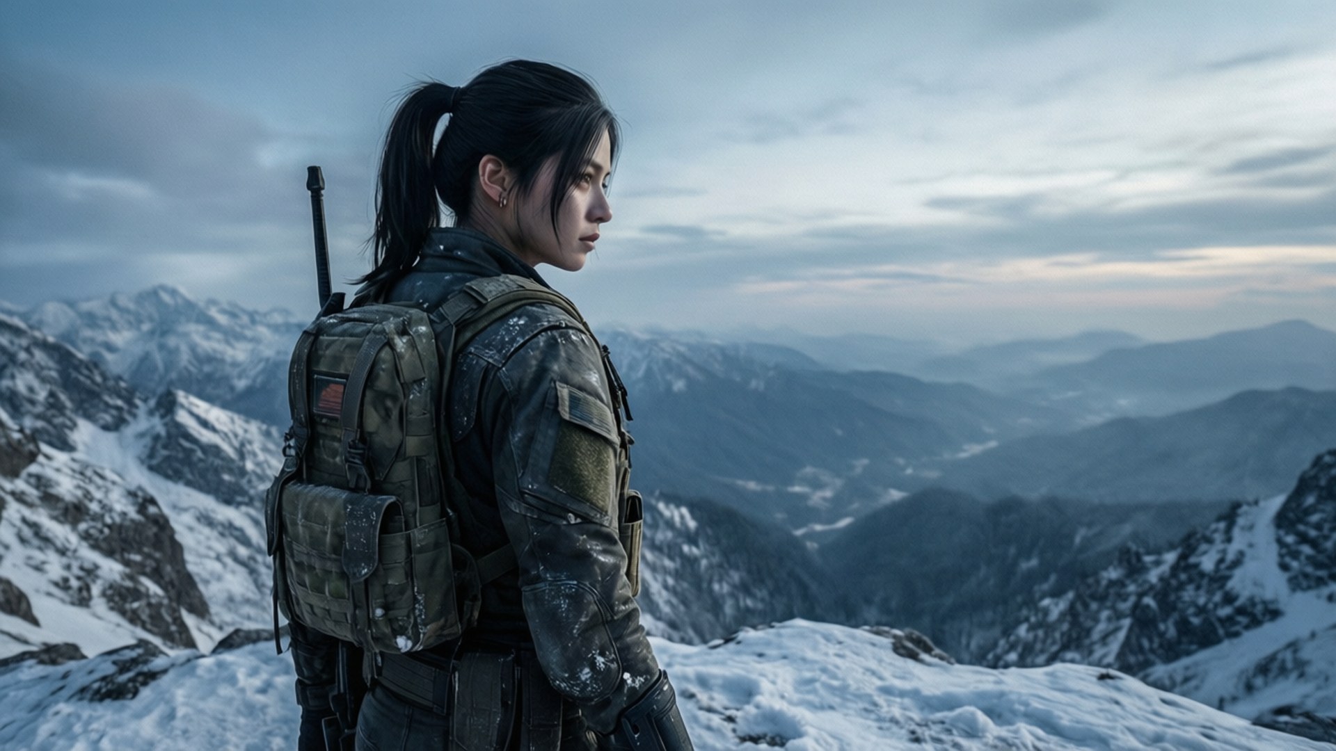 Un héros de Free Fire se tient au sommet d'une montagne enneigée, surplombant un vaste paysage, serein et héroïque.