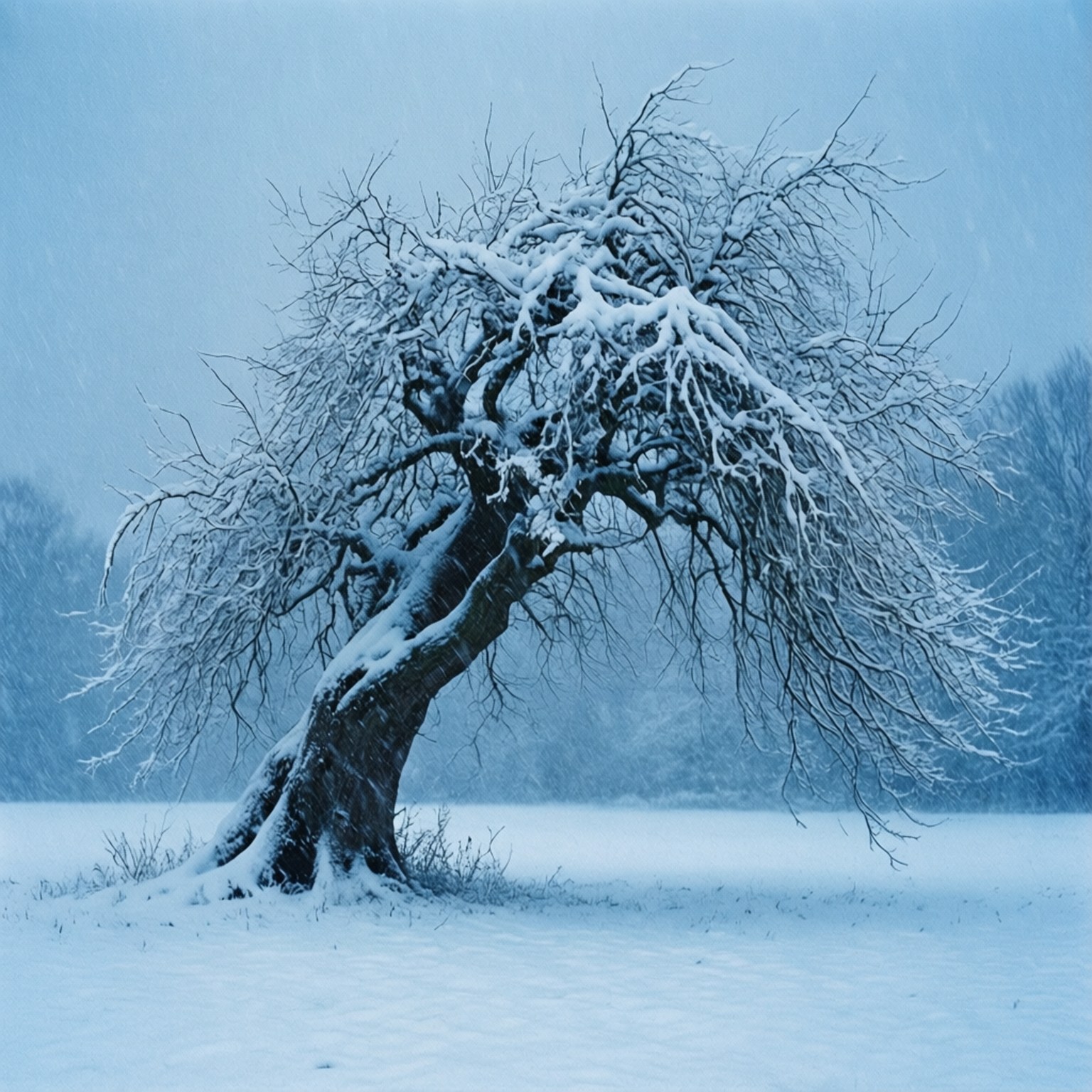 Talvitaustakuva Whompping Willow -puusta lumen peitossa.