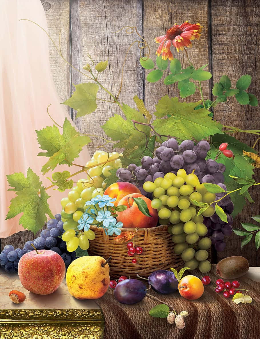 Fruit Basket Still Life Art Wallpaper