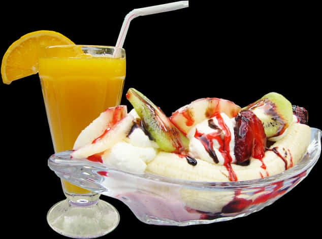 Fruit Ice Cream Sundae With Orange Juice PNG