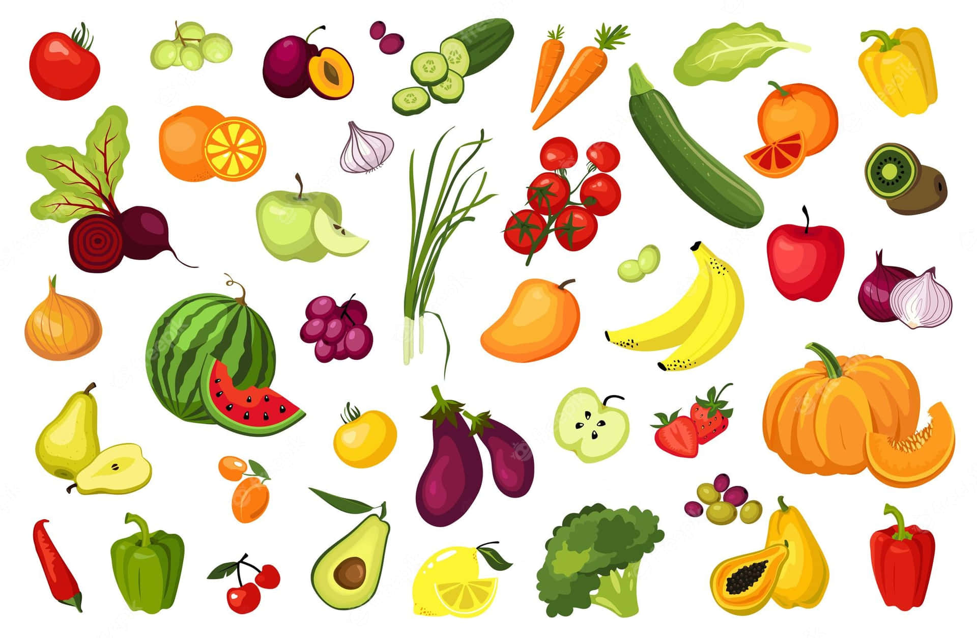 A Set Of Fruits And Vegetables On A White Background
