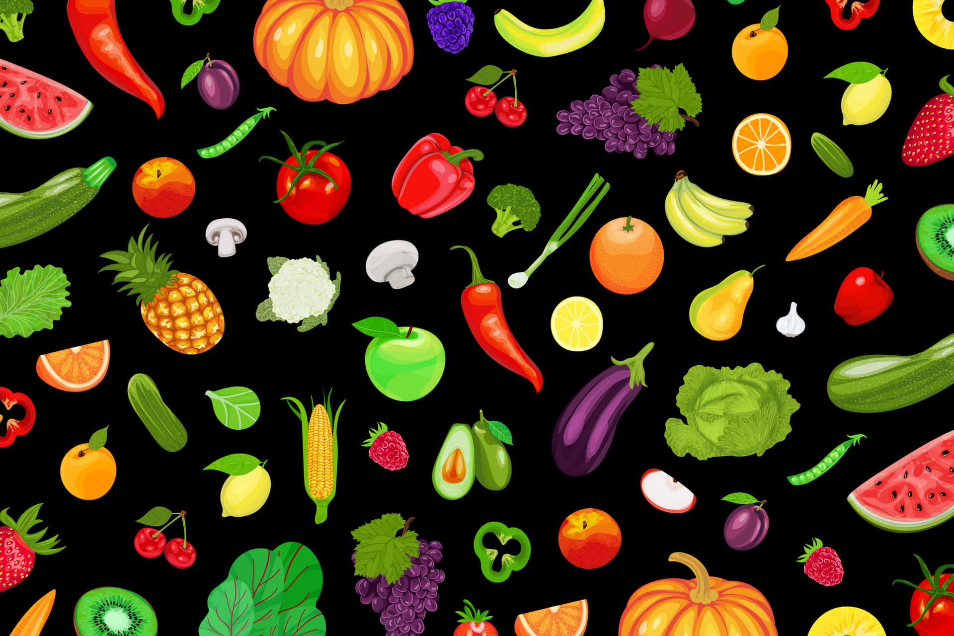 A Seamless Pattern Of Fruits And Vegetables On A Black Background