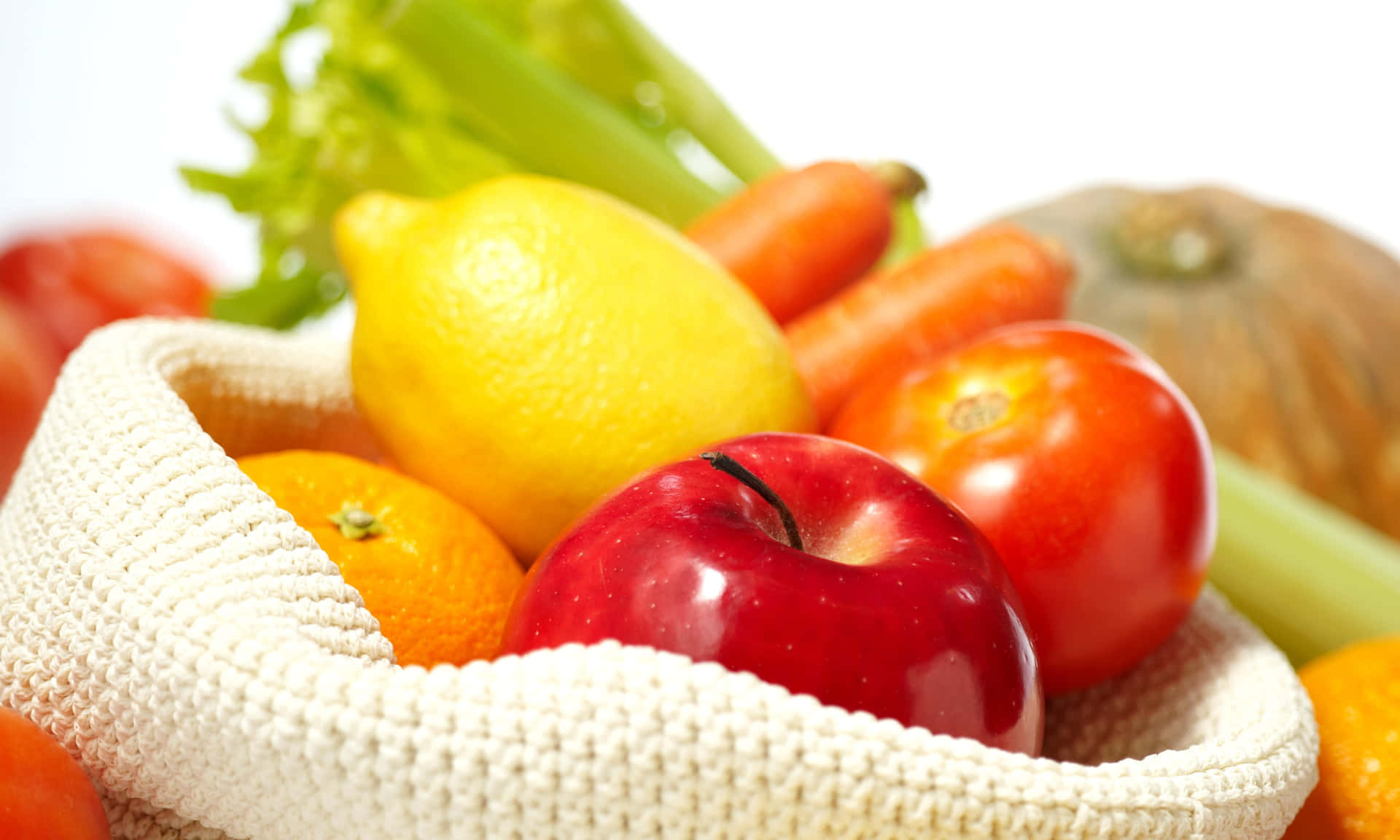 Fruits And Vegetables In A Knitted Basket Wallpaper
