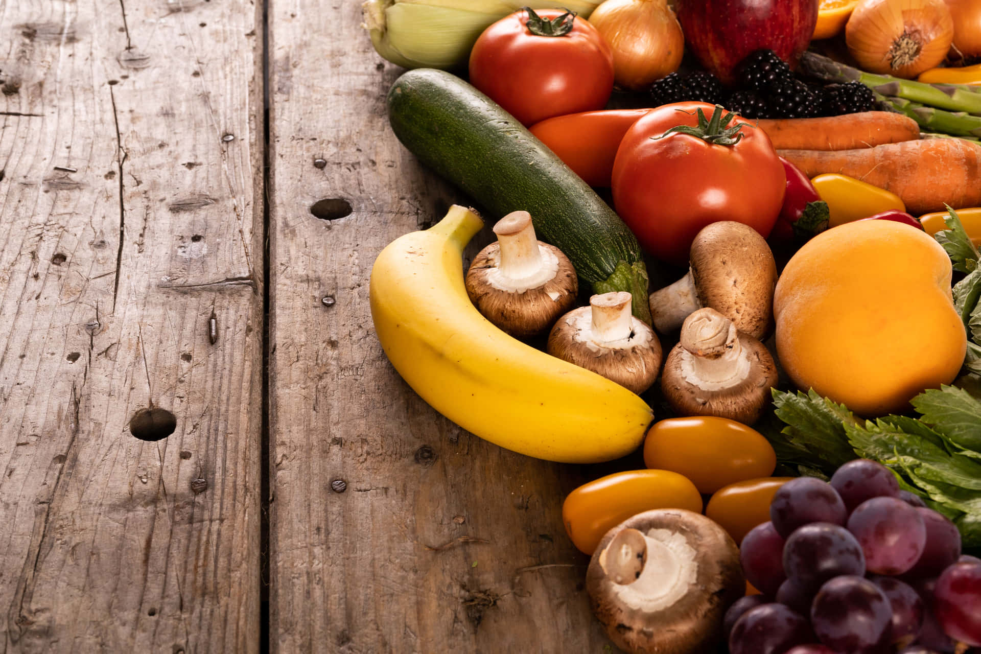 Fruits And Vegetables On A Wooden Surface Wallpaper