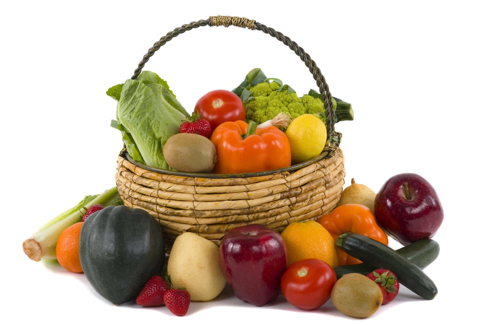 Fruits And Vegetables Set On A Round Basket Wallpaper