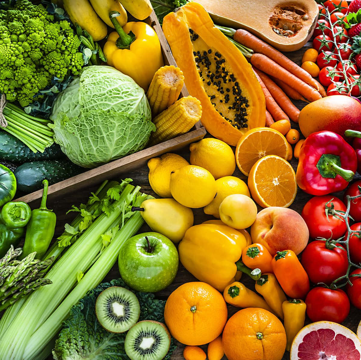 Fruits And Vegetables Sorted In Colors Wallpaper