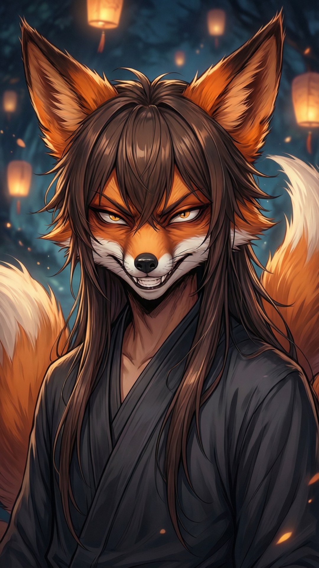 Fox Spirit Trickster Wallpaper — A fierce anthropomorphic fox with long brown hair and glowing amber eyes wears a dark robe under floating lanterns in a mystical night scene.