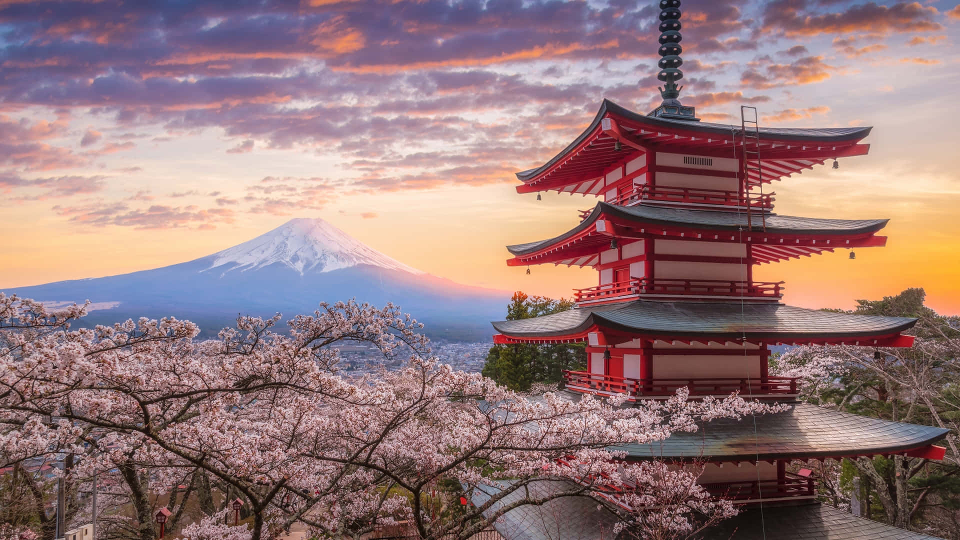 Fuji Peak With Chureito Pagoda And Cherry Blossoms Wallpaper