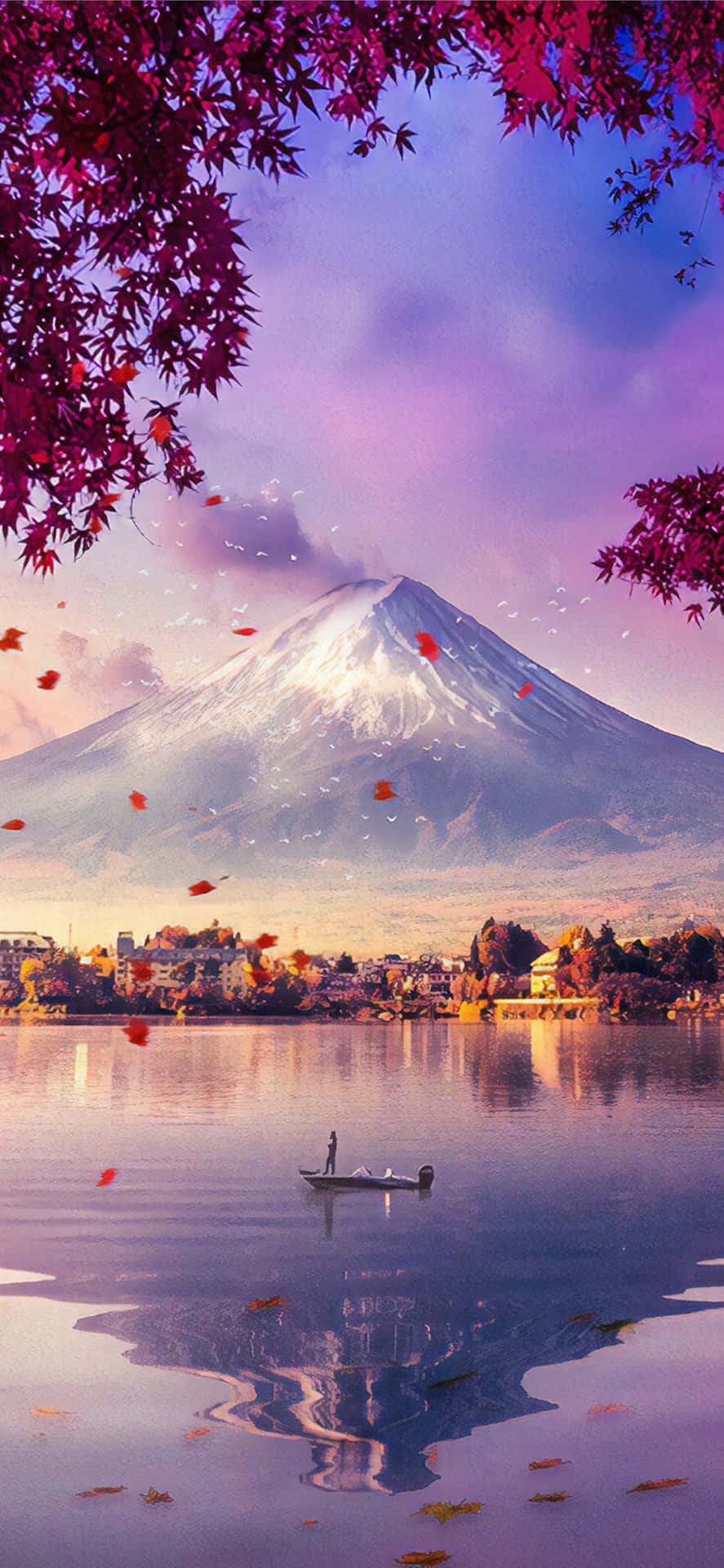 Fuji Peak With Lake And Falling Leaves Wallpaper