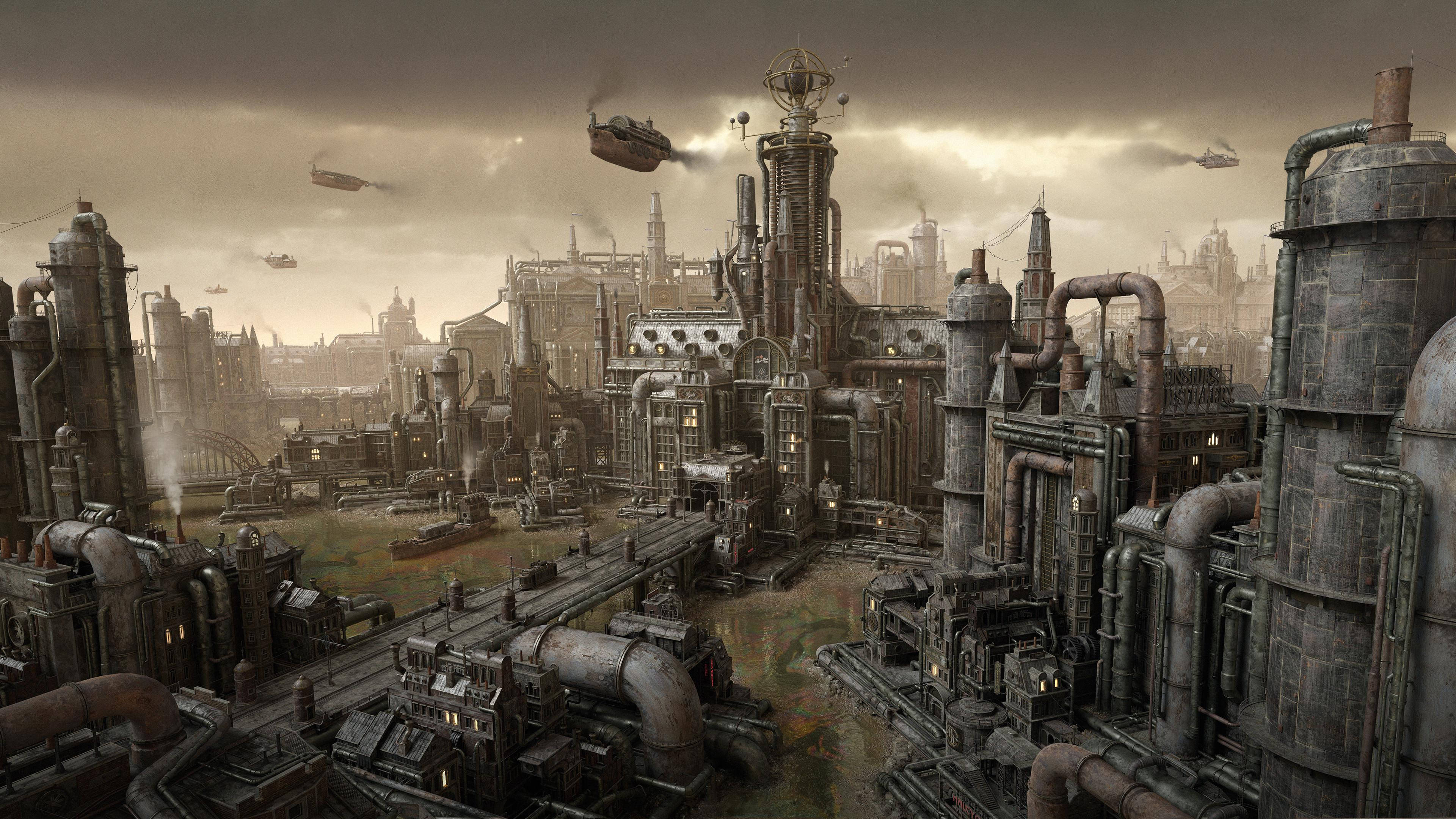 Città Industriale Steampunk Completa 4k Sfondo