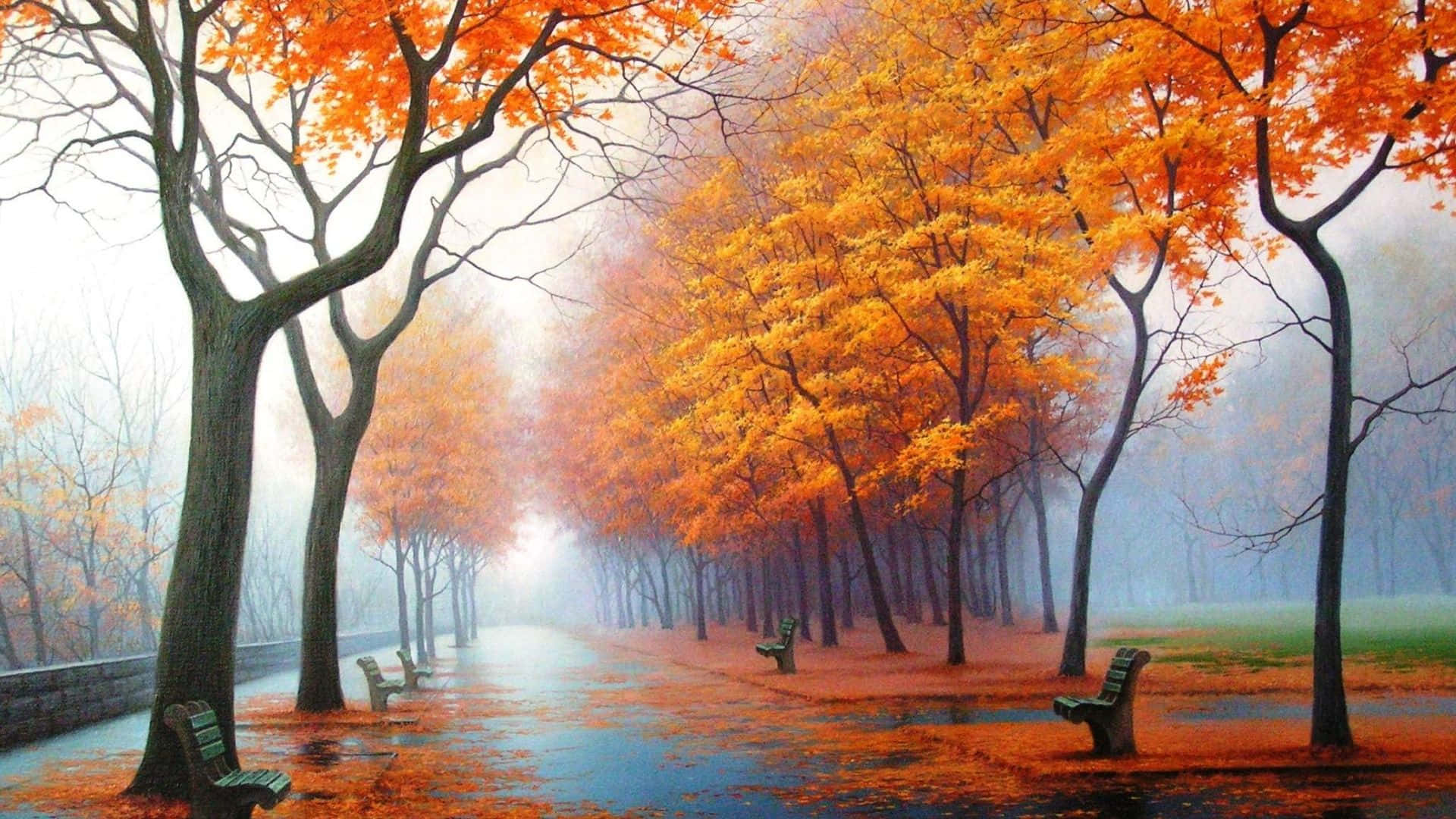 Enmålning Av En Park Med Träd I Regnet