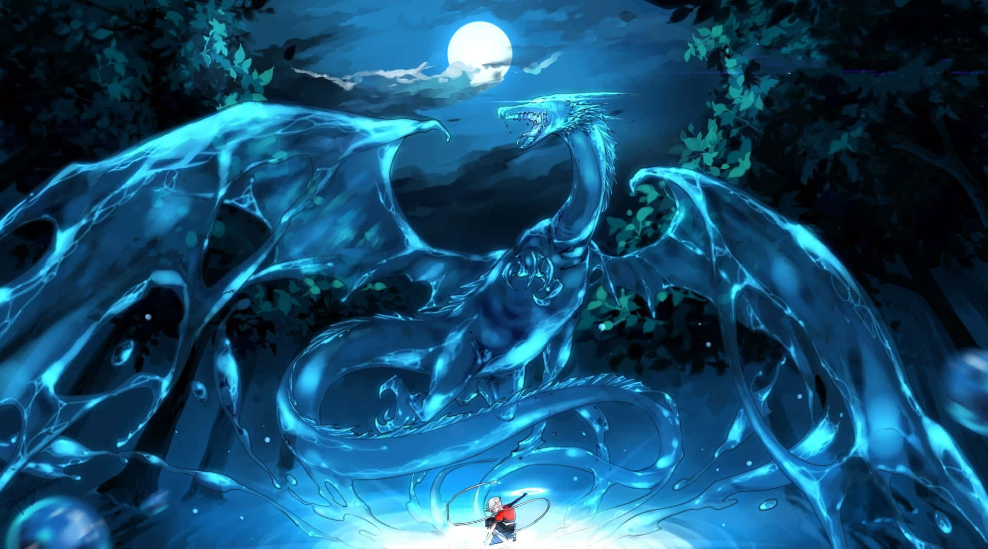 Full Moon Night Water Dragon Anime Wallpaper