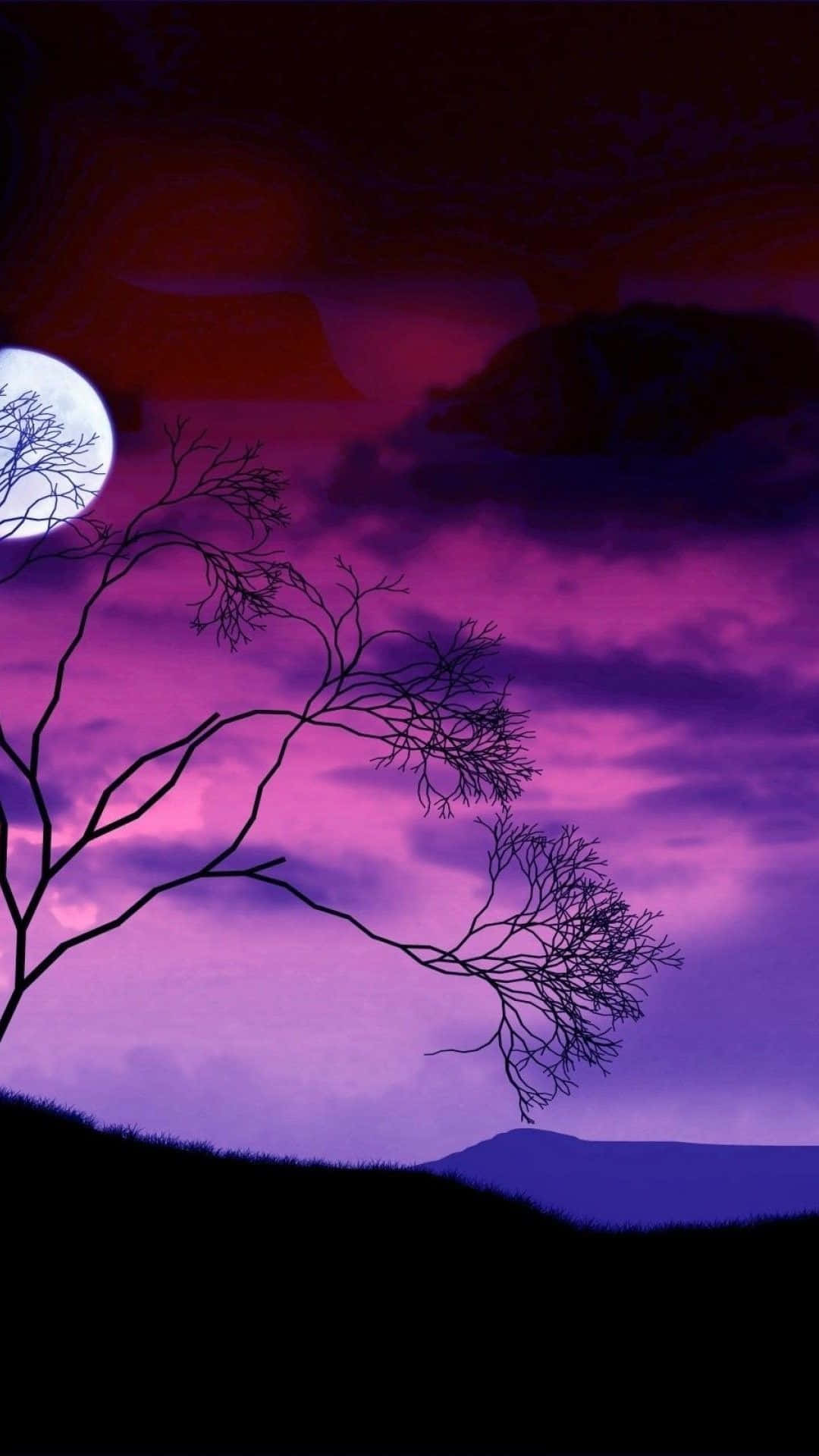 a purple sky with a tree and moon