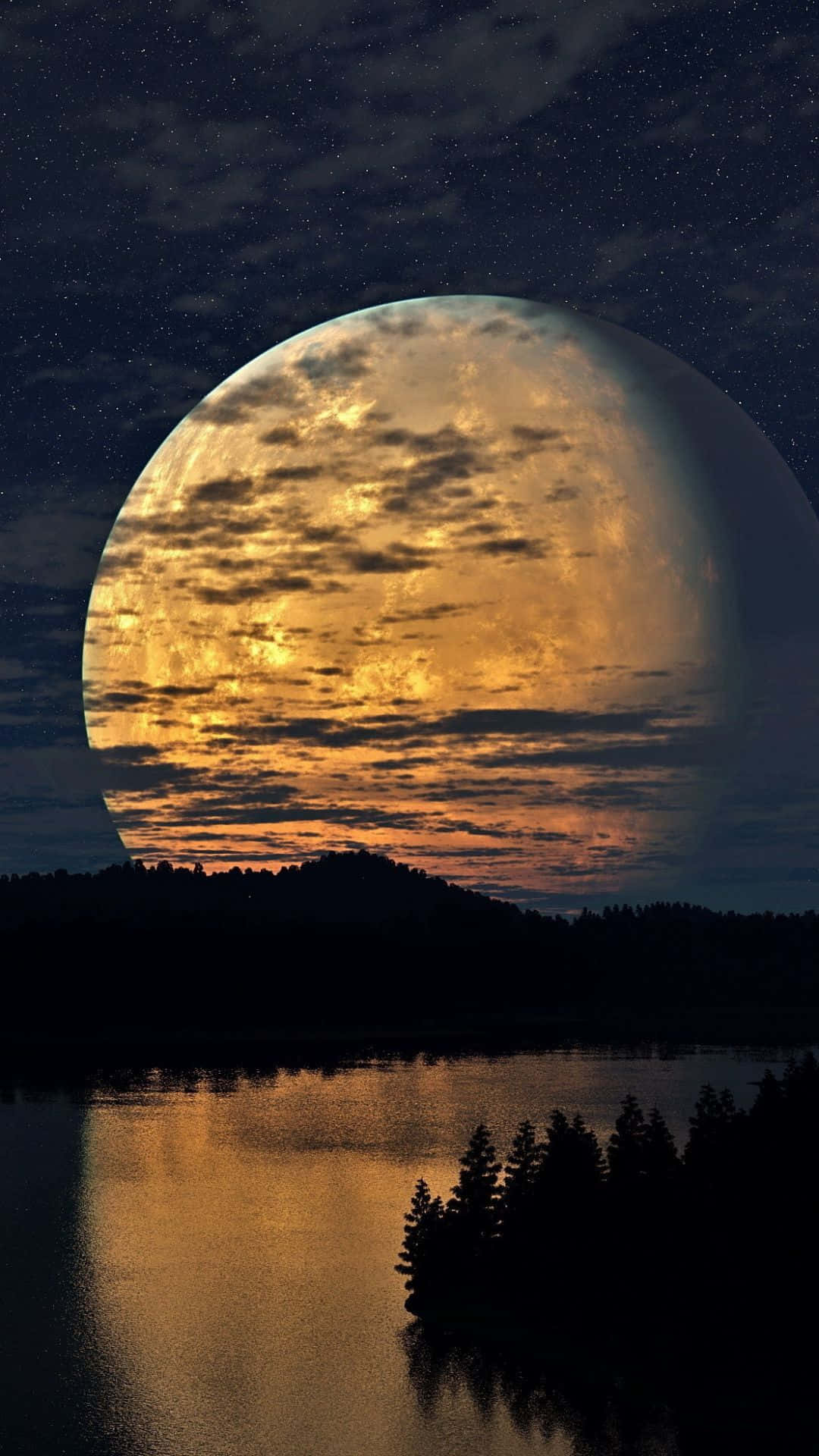 Enfuldmåne Kan Ses Over En Sø Om Natten. Anvendes Som Baggrundsbillede Til Computer Eller Mobil.